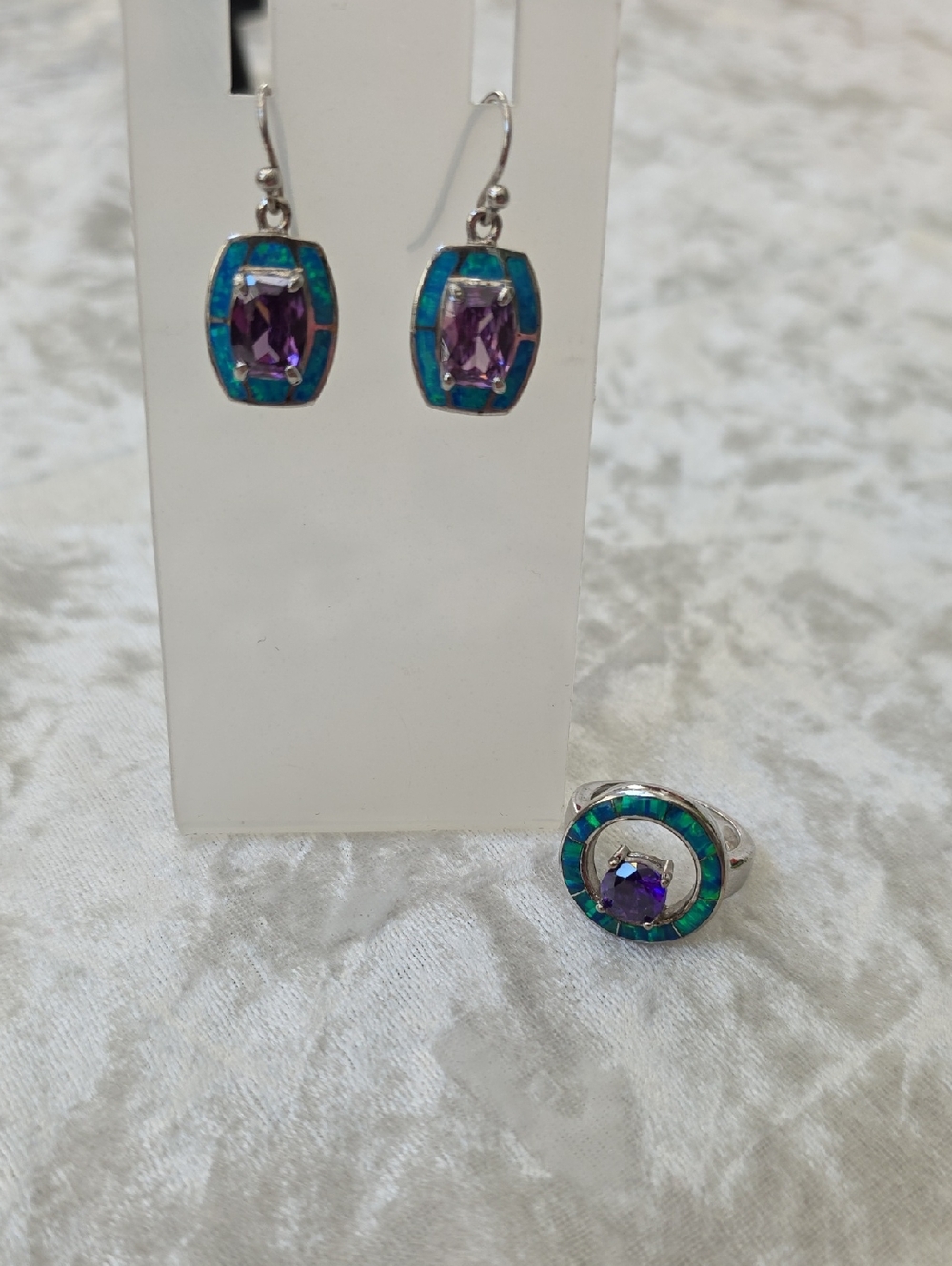 Vintage Havana Hallmark SS Purple & Turquoise Inlay Colorful Earrings & Ring Set
